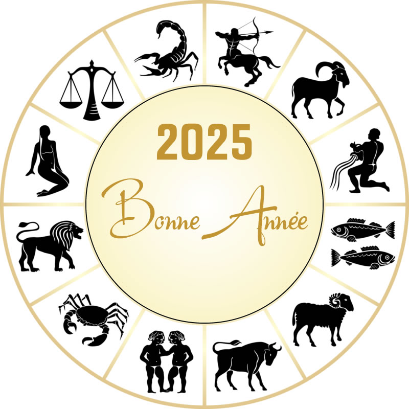 Image avec message de voeux de bonne année 2025 pour les signes du zodiaque