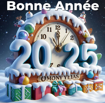 Image jaune 2025 avec horloge marquant minuit